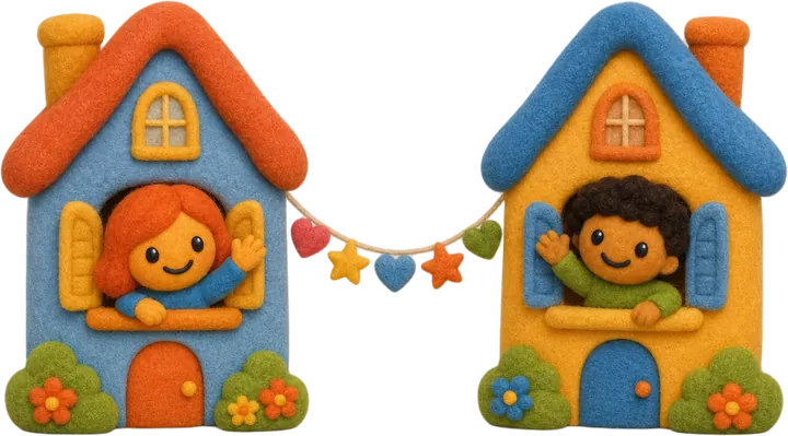 Zwei Filz-Häuser mit winkenden Kindern, verbunden durch eine Wimpelkette